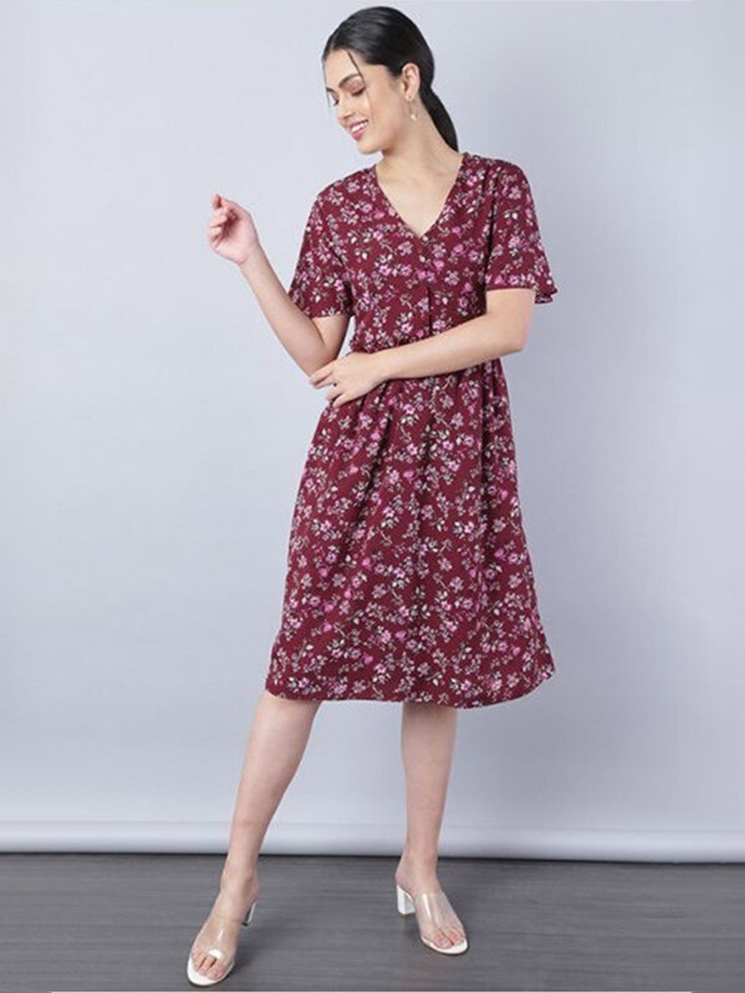 

Aila Floral Printed Fit & Flare Midi Dress, Maroon