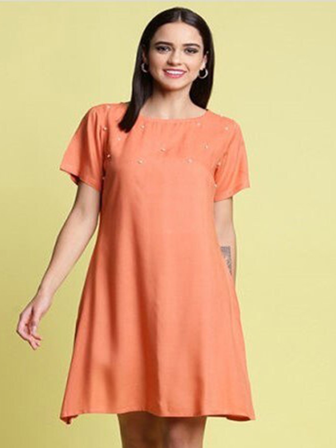

Aila Short Sleeves Cotton Beaded A-Line Dress, Copper