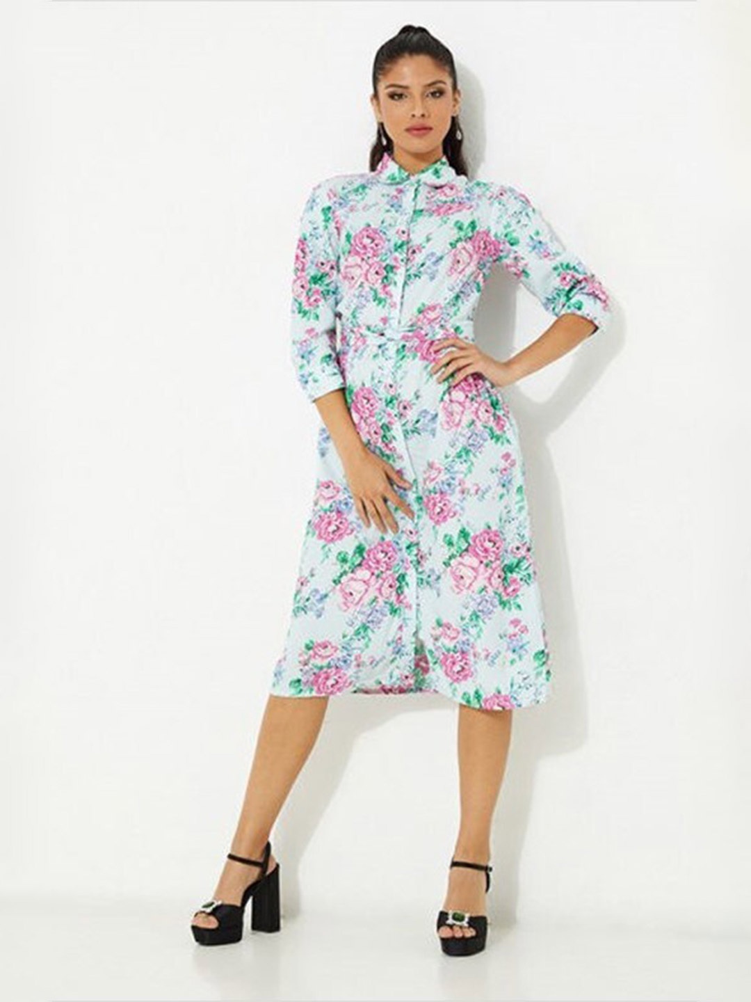 

Aila Floral Printed Shirt Collar A-Line Dress, White