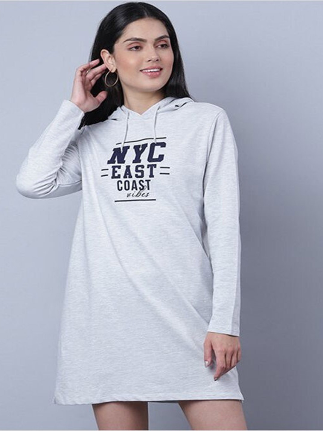 

Aila Typography Printed Hooded Cotton T-shirt Dress, Grey