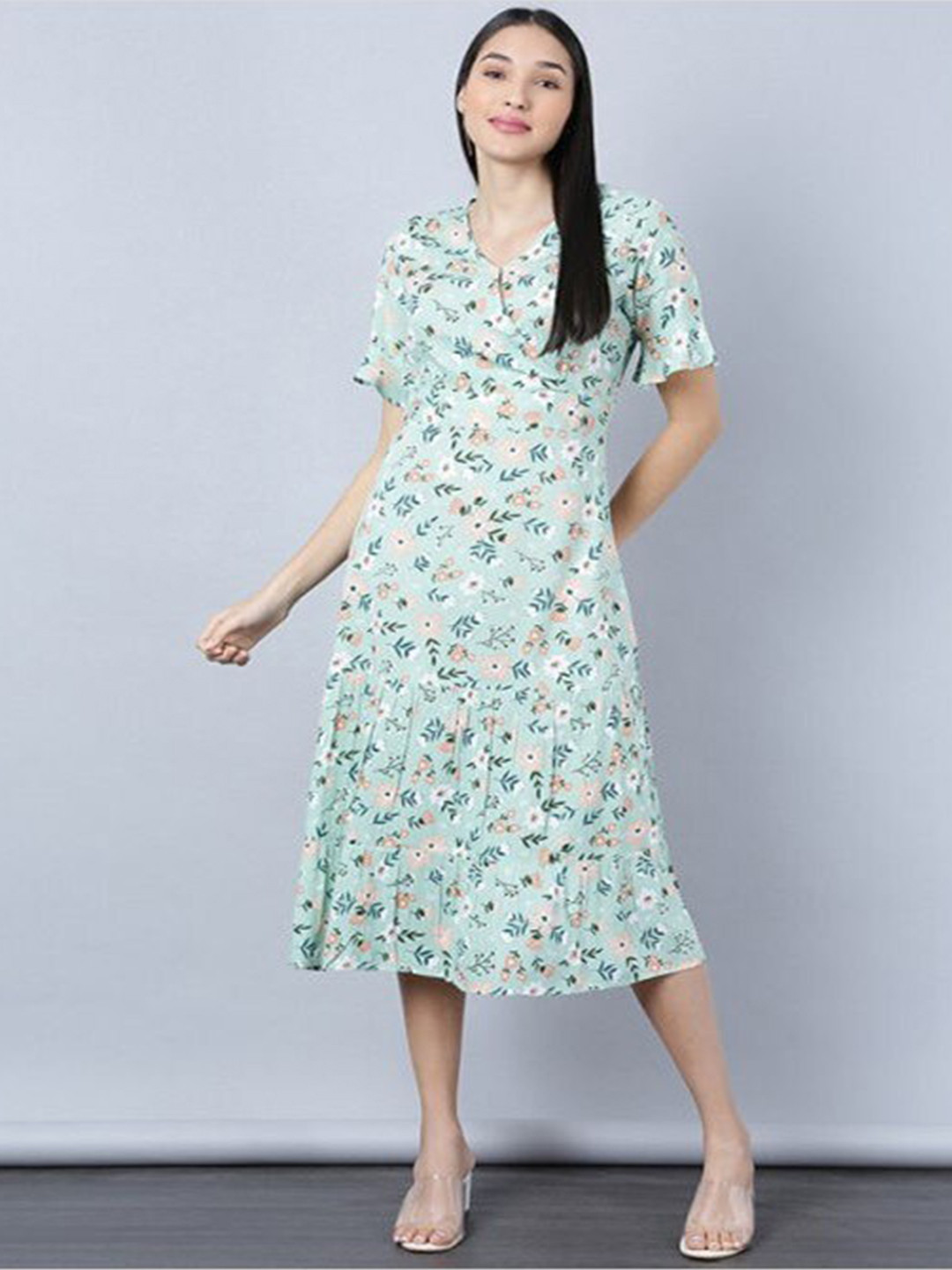 

Aila Floral Print V-Neck Flared Sleeves A-Line Midi Dress, Green
