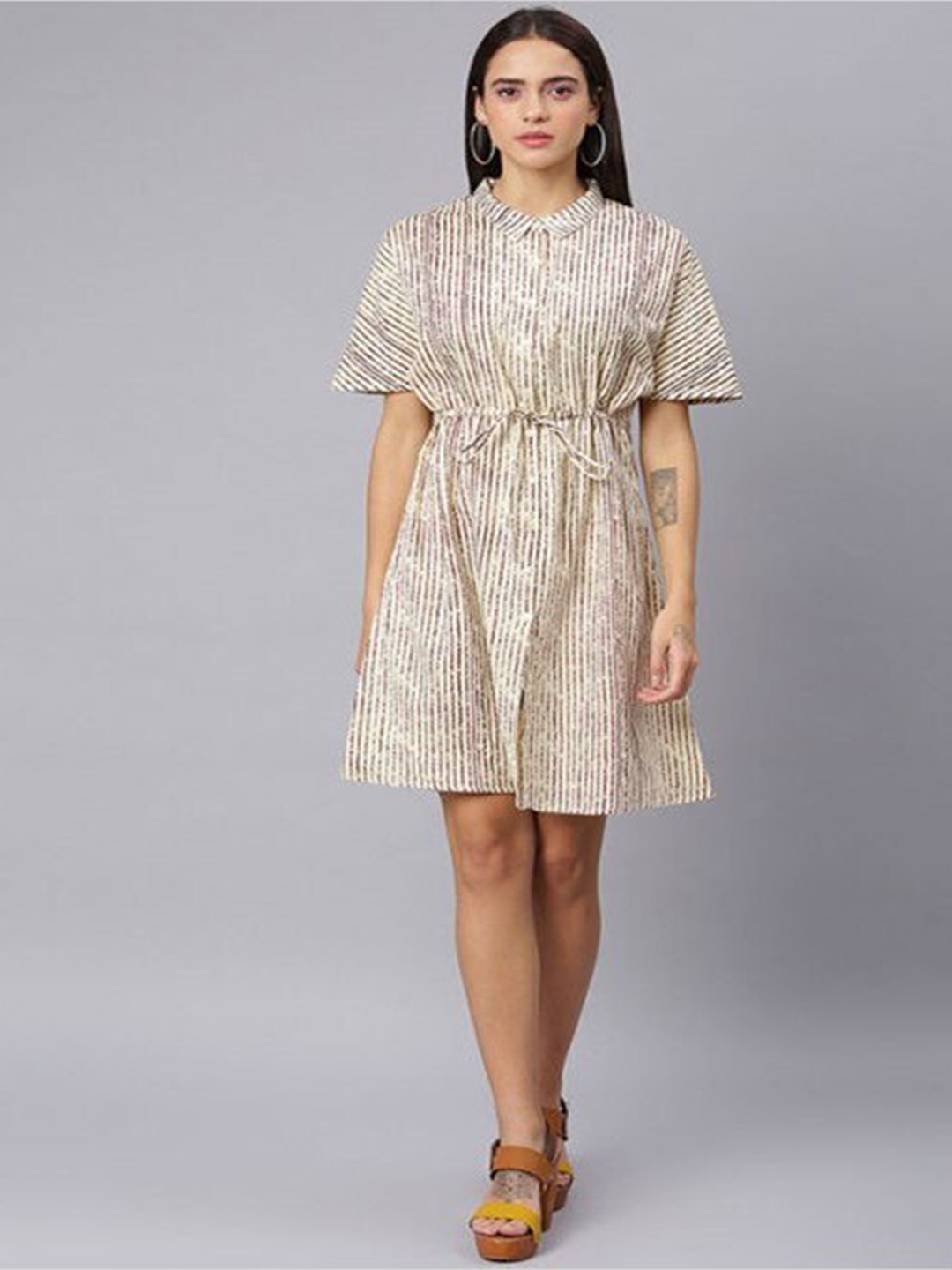 

Aila Striped Shirt Collar Tie-Ups Shirt Dress, Beige
