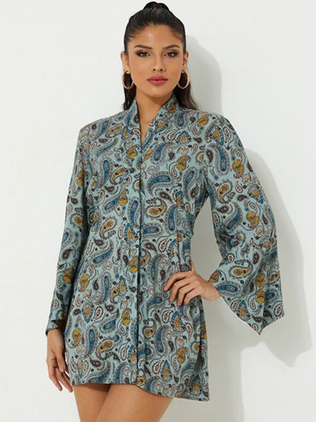 

Aila Ethnic Motifs Printed V-Neck Flared Sleeve Shirt Mini Dress, Blue