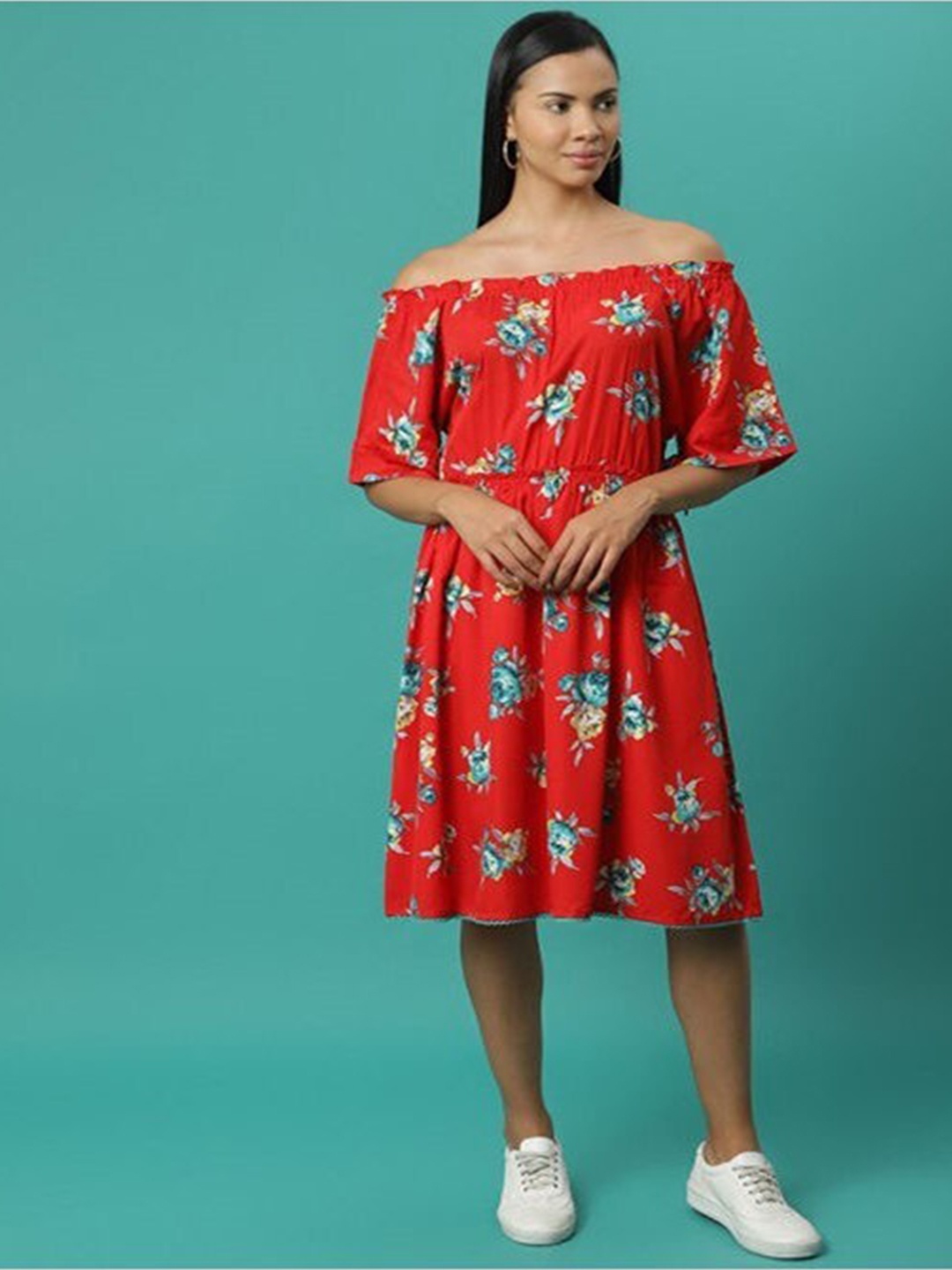 

Aila Floral Printed Off-Shoulder A-Line Midi Dress, Red
