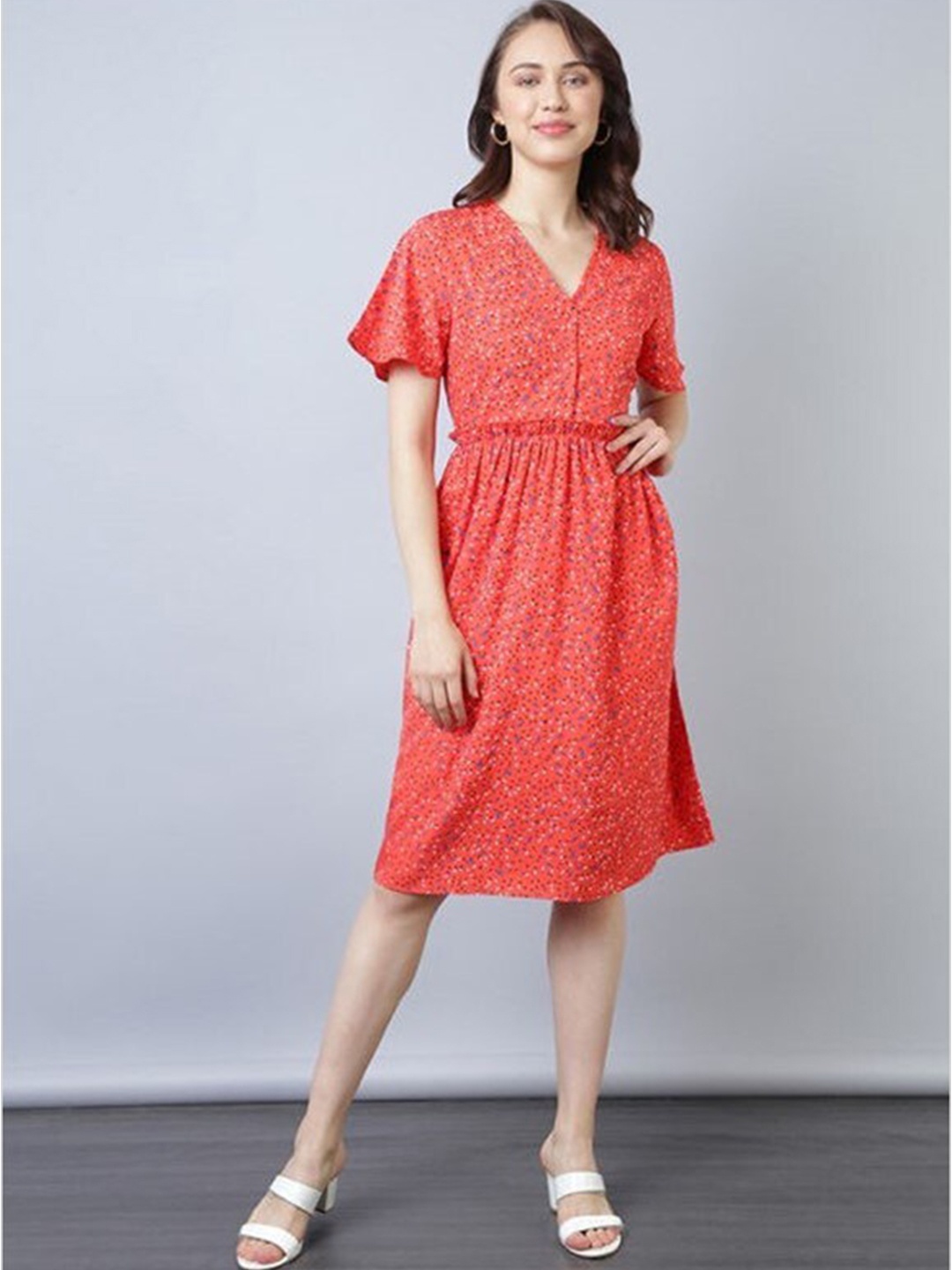 

Aila Floral Printed Flared Sleeves Fit & Flare Dress, Peach