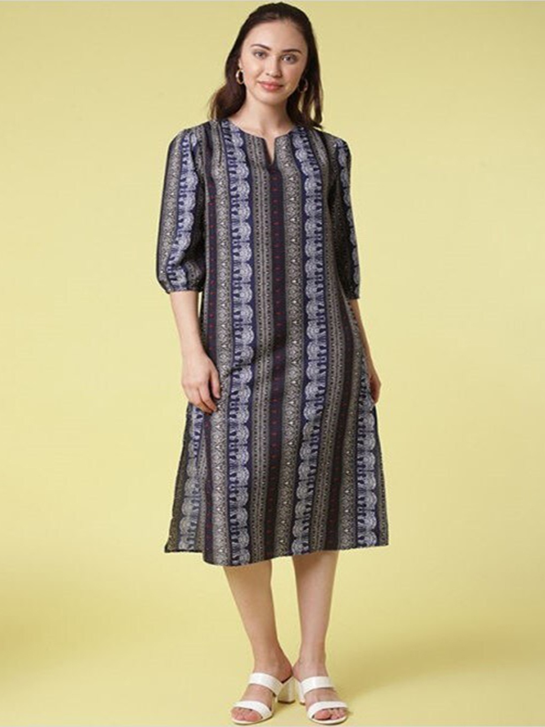

Aila Ethnic Motifs Printed Cotton A Line Dress, Grey