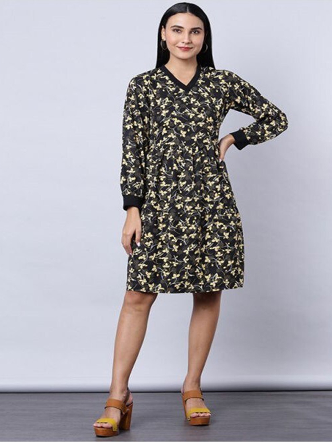 

Aila Floral Printed A-Line Dress, Black