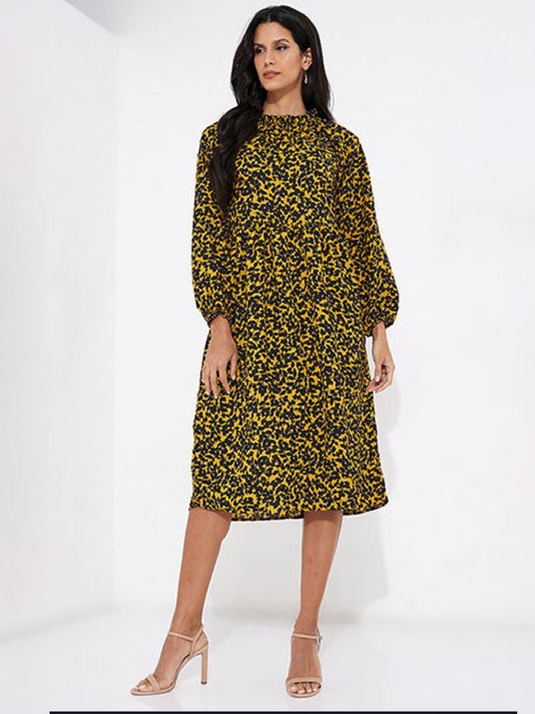 

Aila Floral Printed High Neck Puff Sleeves Gathered Detailed A-Line Midi Dress, Yellow