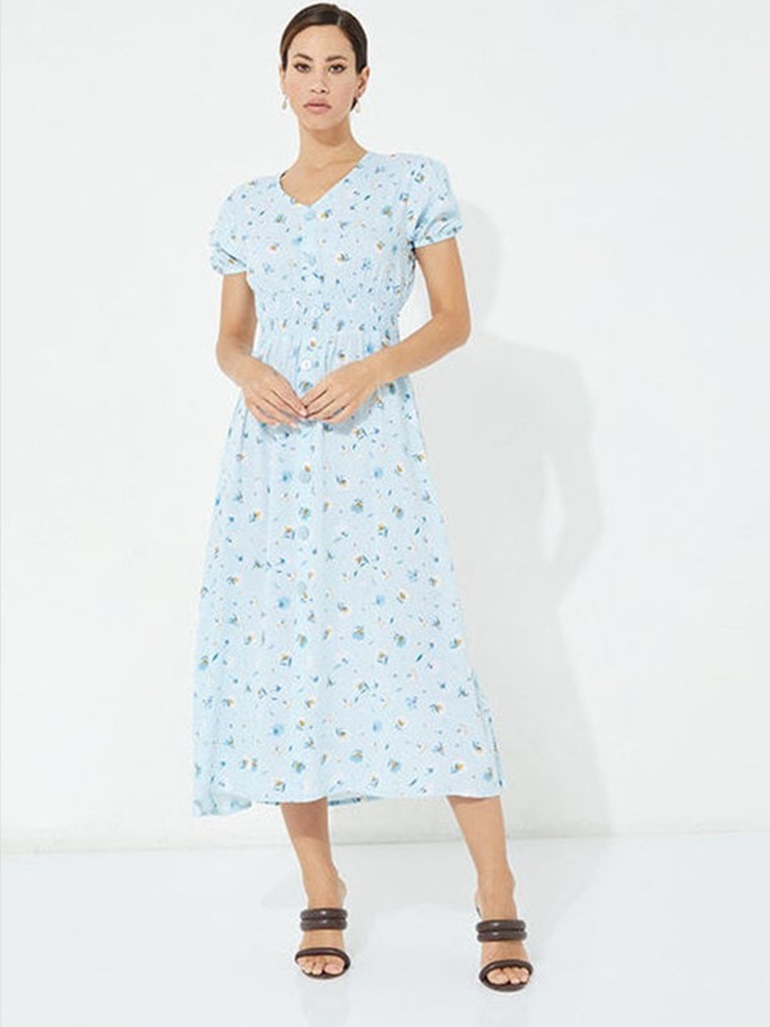 

Aila Floral Printed V-Neck Smocked Fit & Flare Dress, Blue