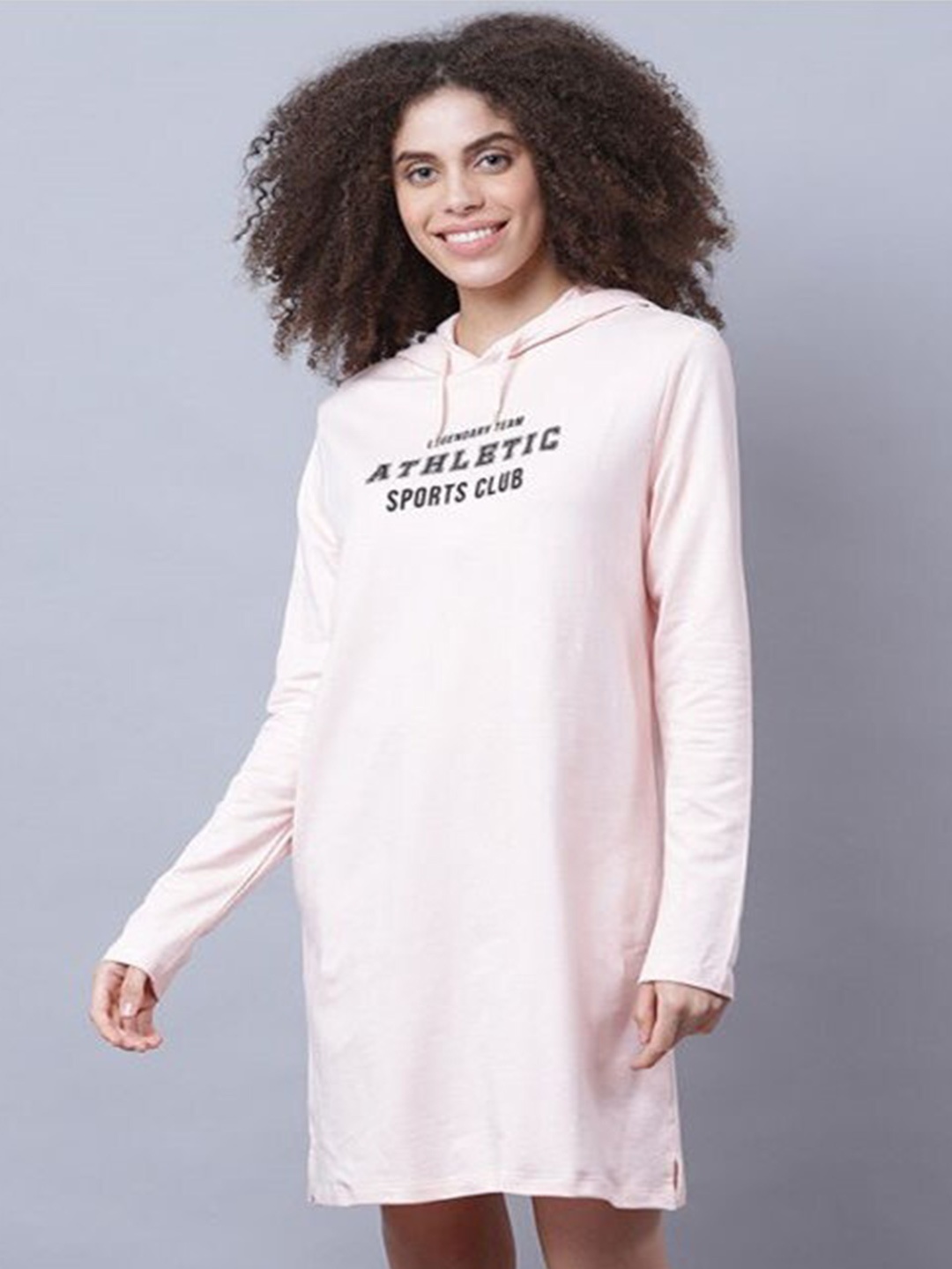 

Aila Typography Printed Hooded Cotton T-Shirt Above Knee Dress, Pink