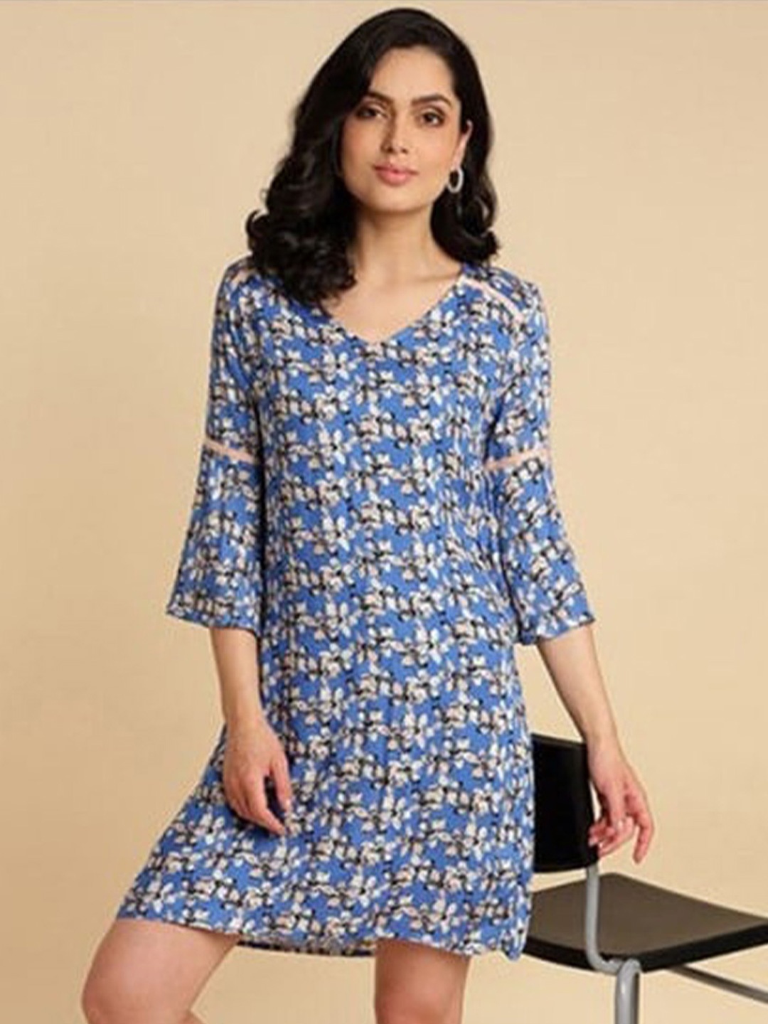 

Aila Floral Printed Cotton A-Line Dress, Navy blue