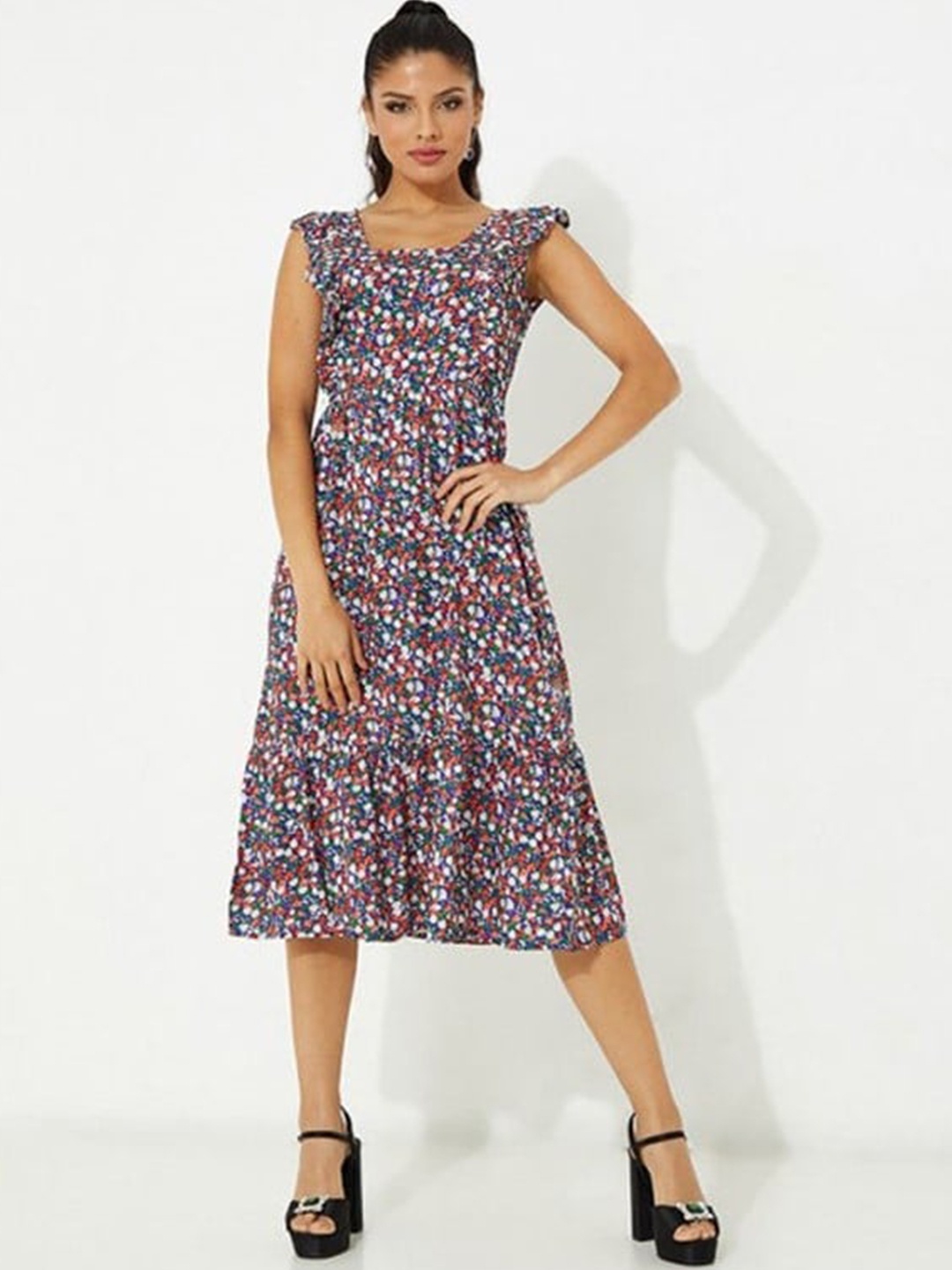 

Aila Floral Printed Sleeveless Cotton A-Line Midi Dress, Navy blue