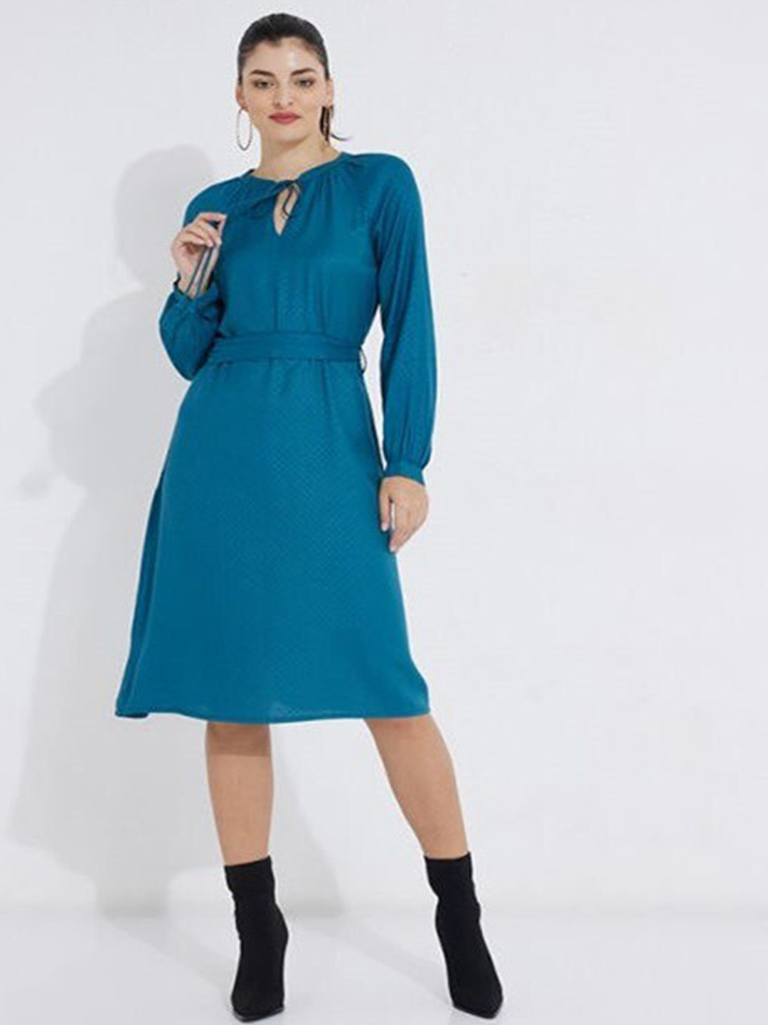 

Aila Tie-Up Neck Fit & Flare Dress, Blue