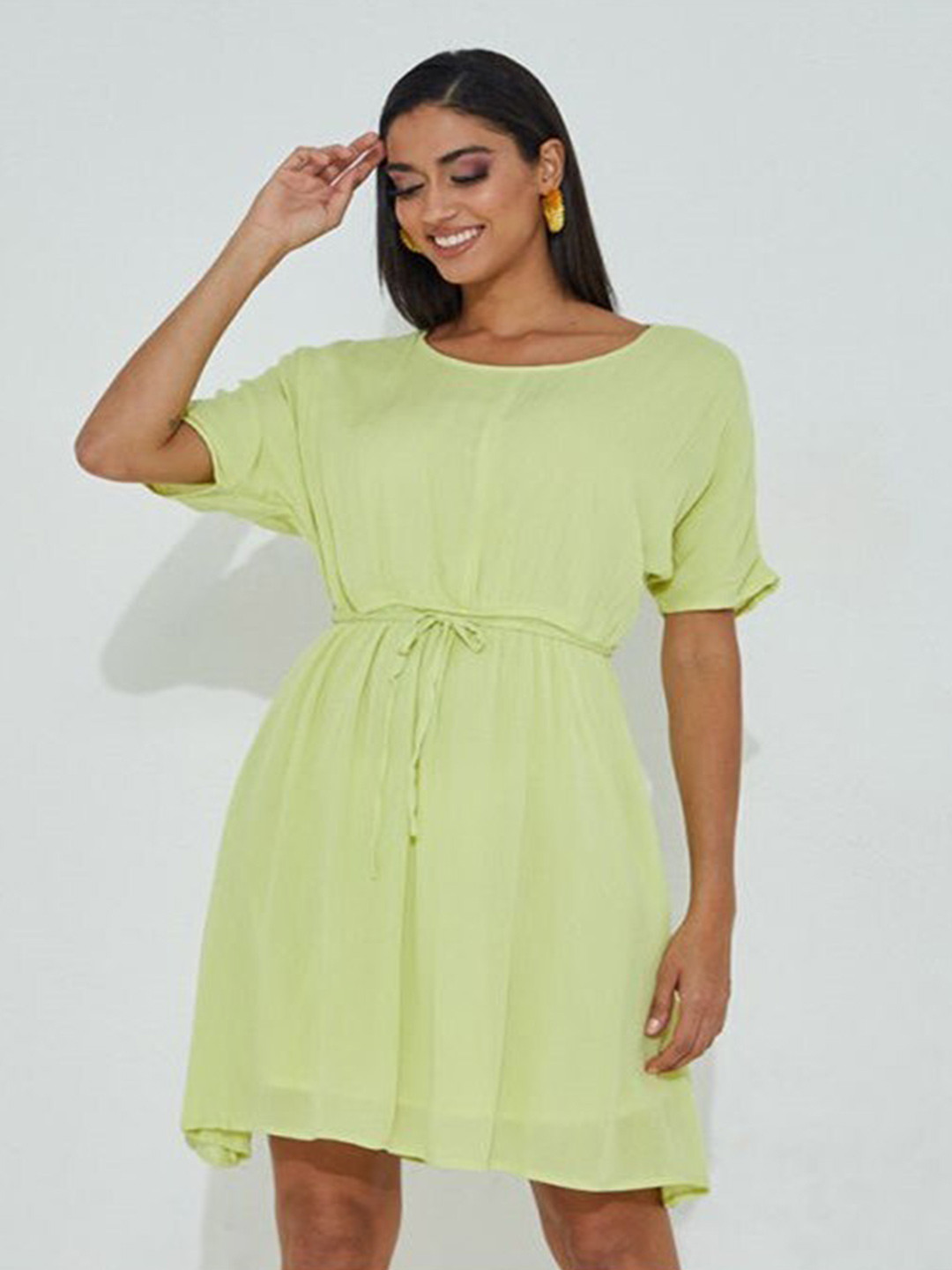 

Aila Extended Sleeves Tie Ups Cotton A-Line Dress, Green
