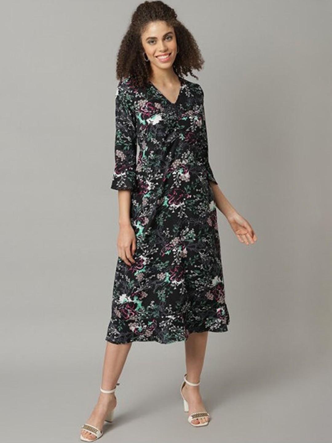 

Aila Floral Printed V-Neck A-Line Dress, Black