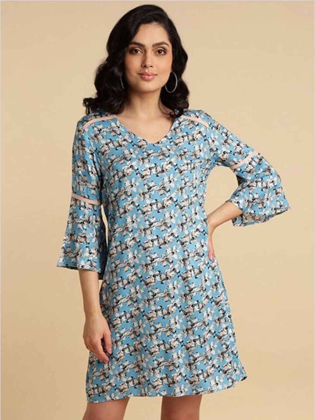 

Aila Floral Printed Bell Sleeves A-Line Dress, Blue