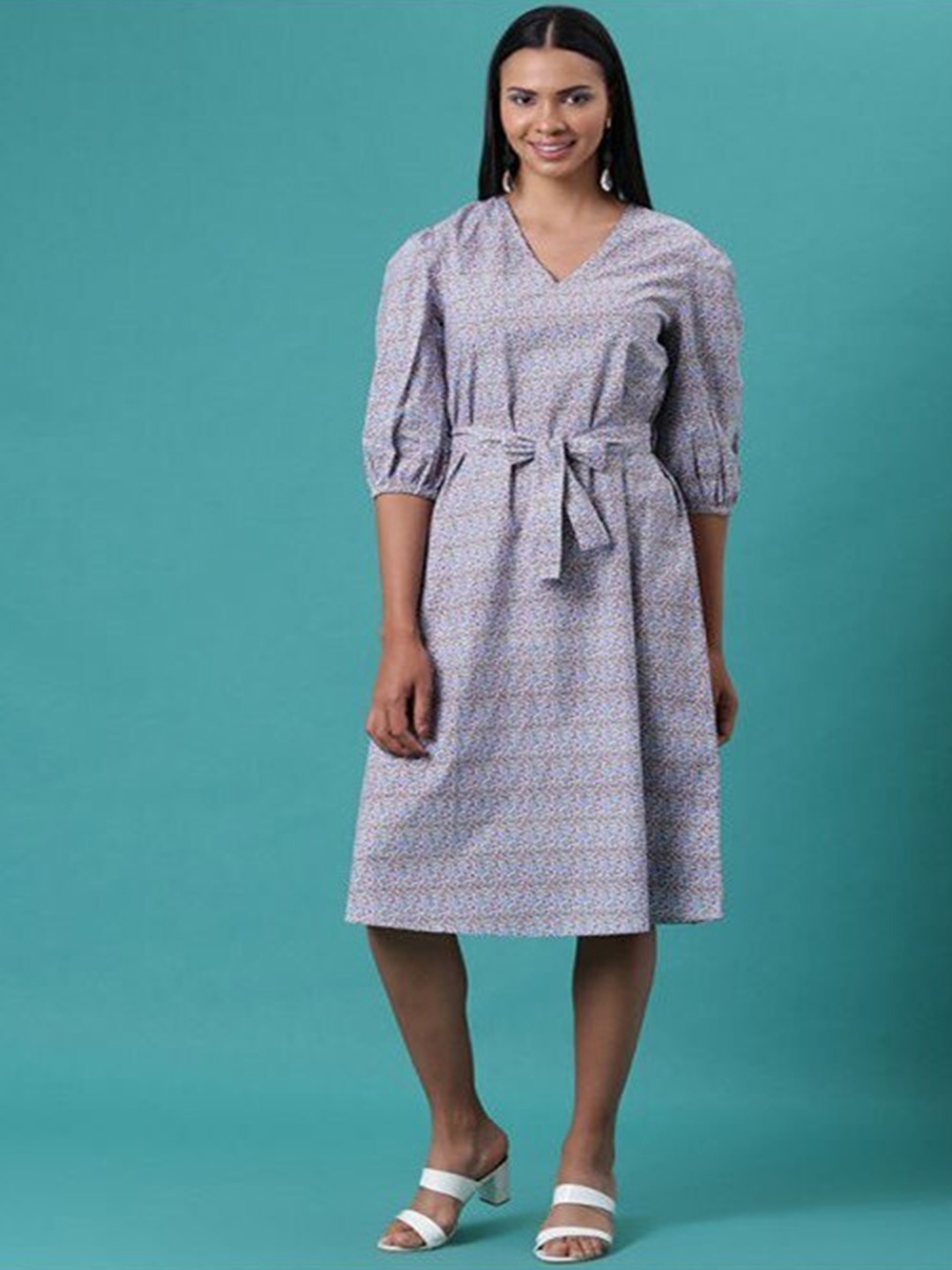

Aila Floral Printed V-Neck Puff Sleeves Tie-Ups Detail Cotton A-Line Dress, Blue