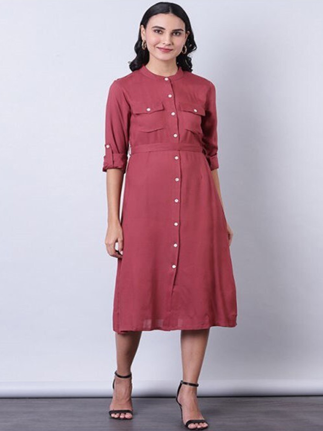 

Aila Roll-Up Sleeves Shirt Midi Dress, Orange