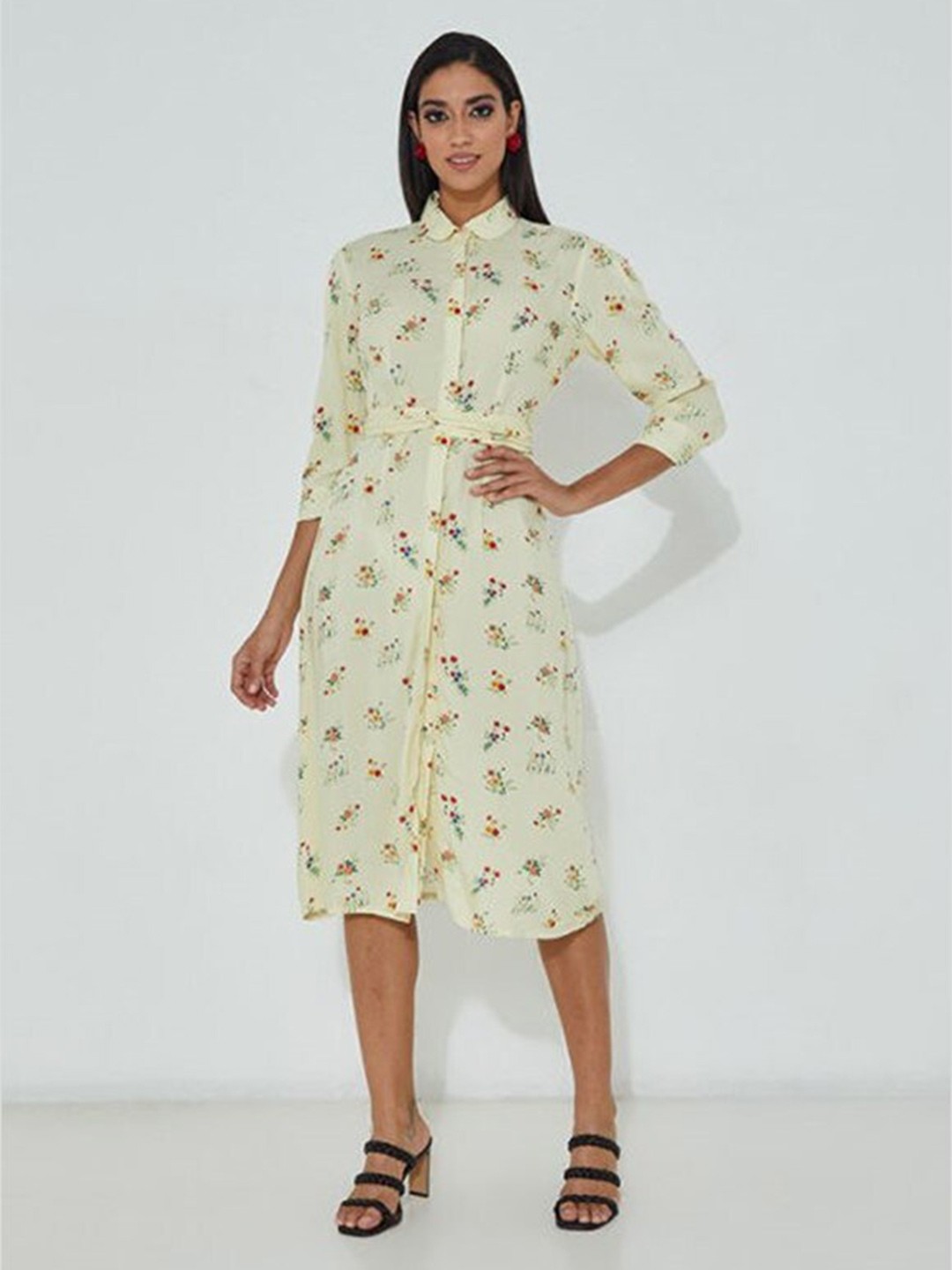 

Aila Floral Printed Shirt Collar Cuffed Sleeves Shirt Midi Dress, Off white