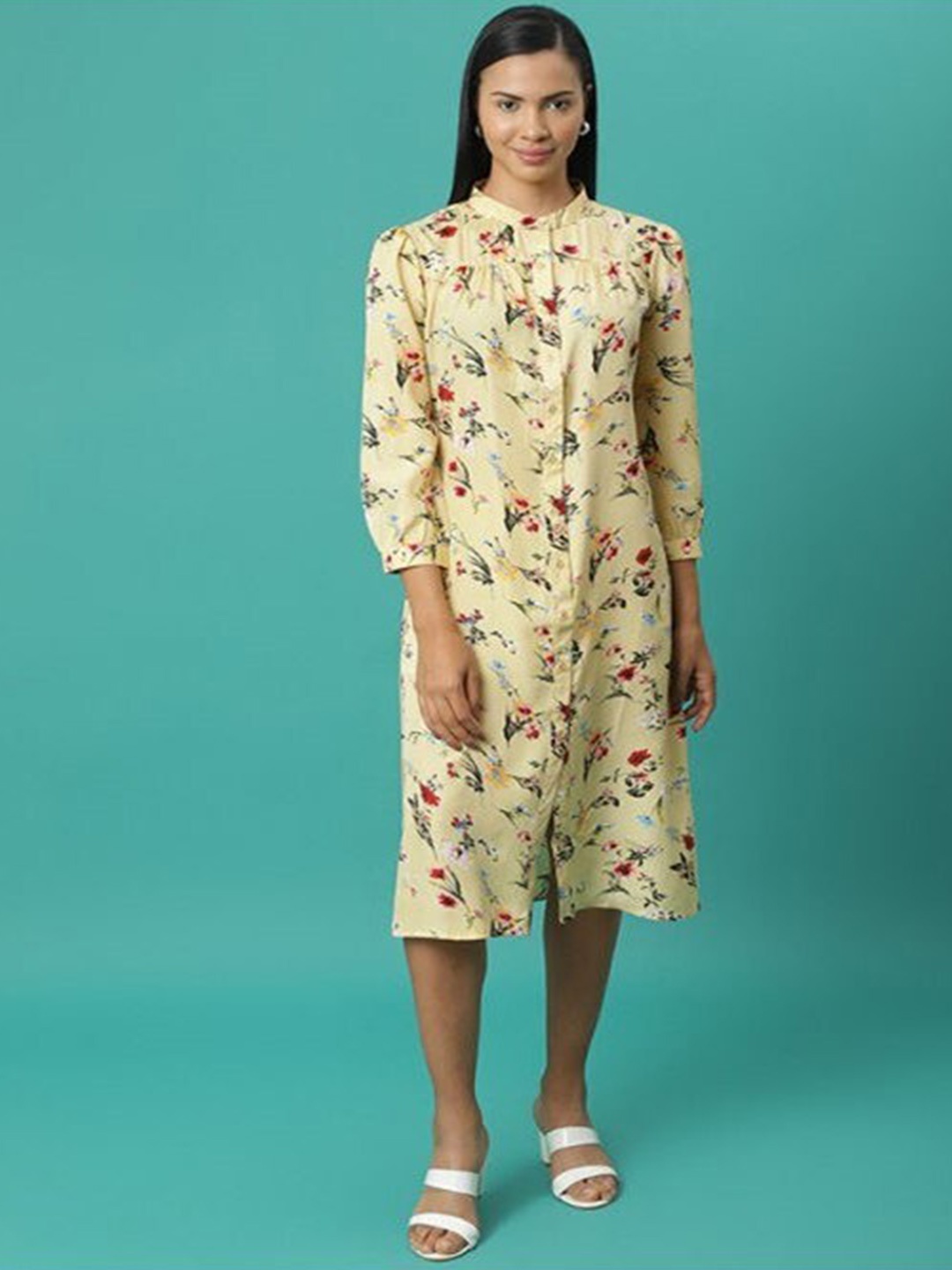 

Aila Floral Printed A-Line Midi Dress, Yellow