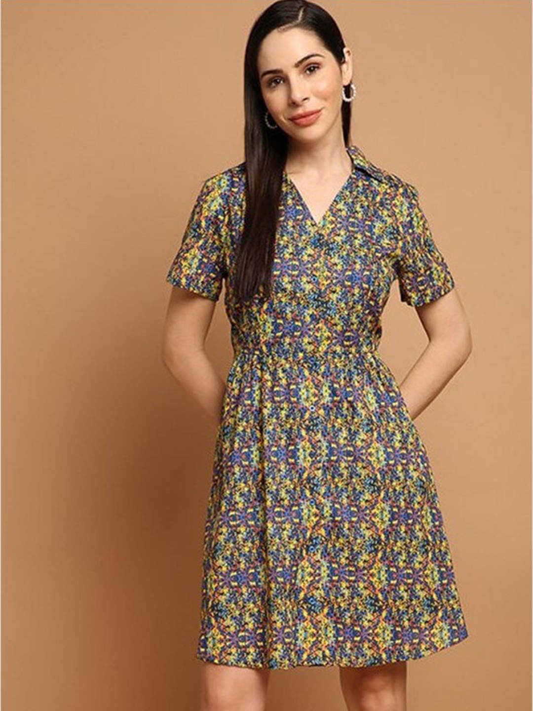 

Aila Abstract Printed Shirt Collar A-Line Dress, Blue