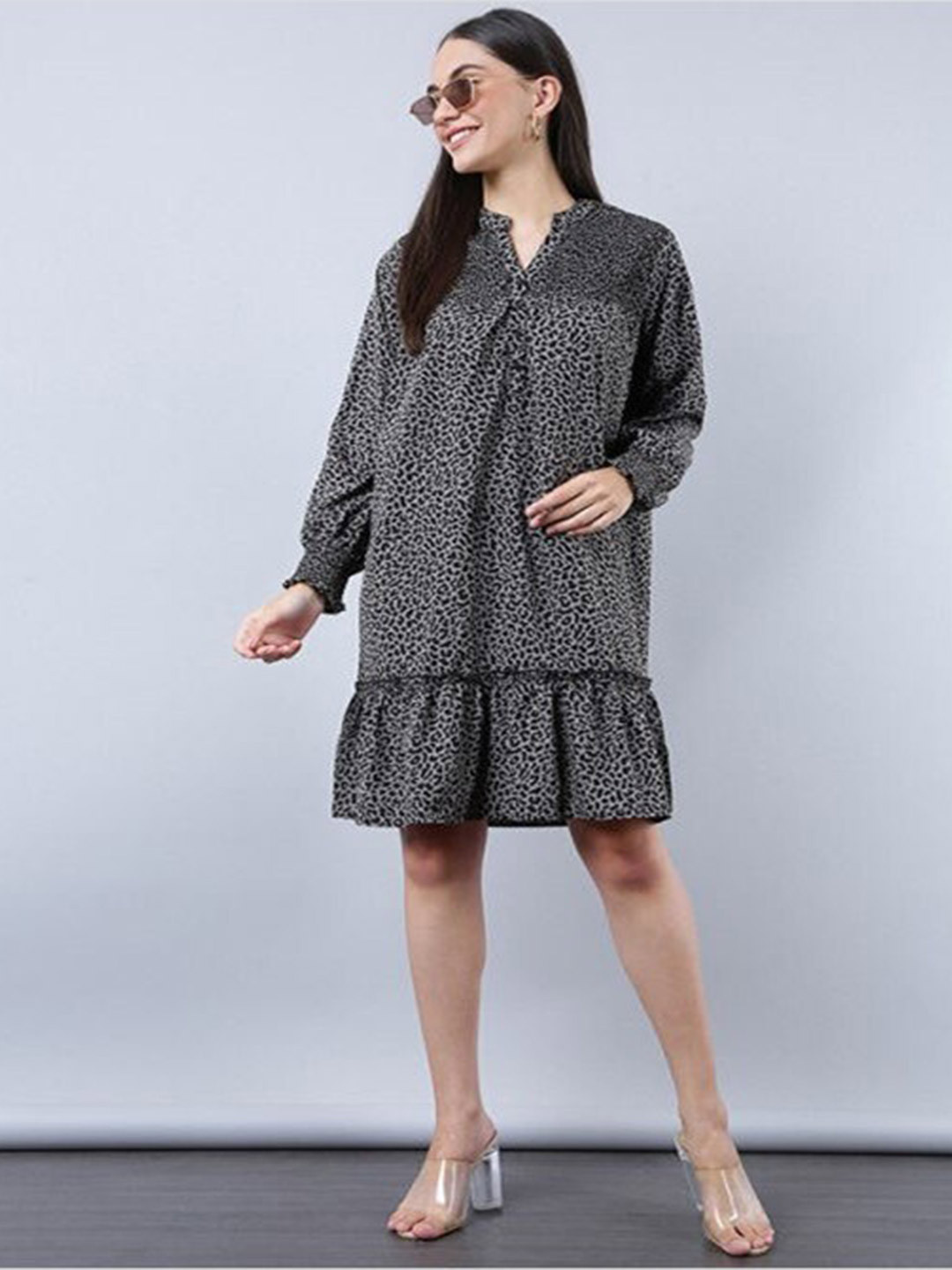 

Aila Animal Printed A-Line Dress, Black