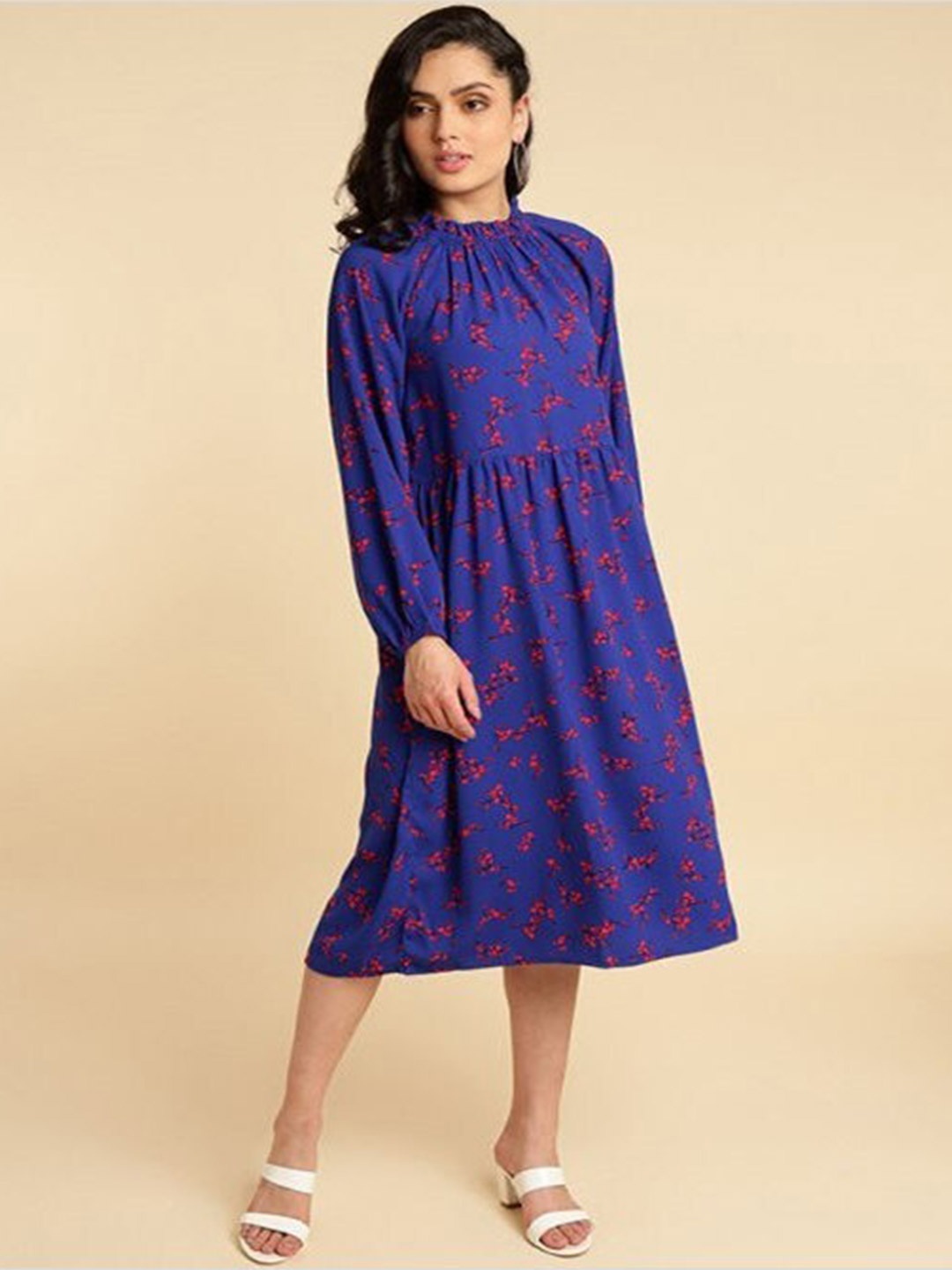 

Aila Floral Print Puff Sleeve Fit & Flare Midi Dress, Blue