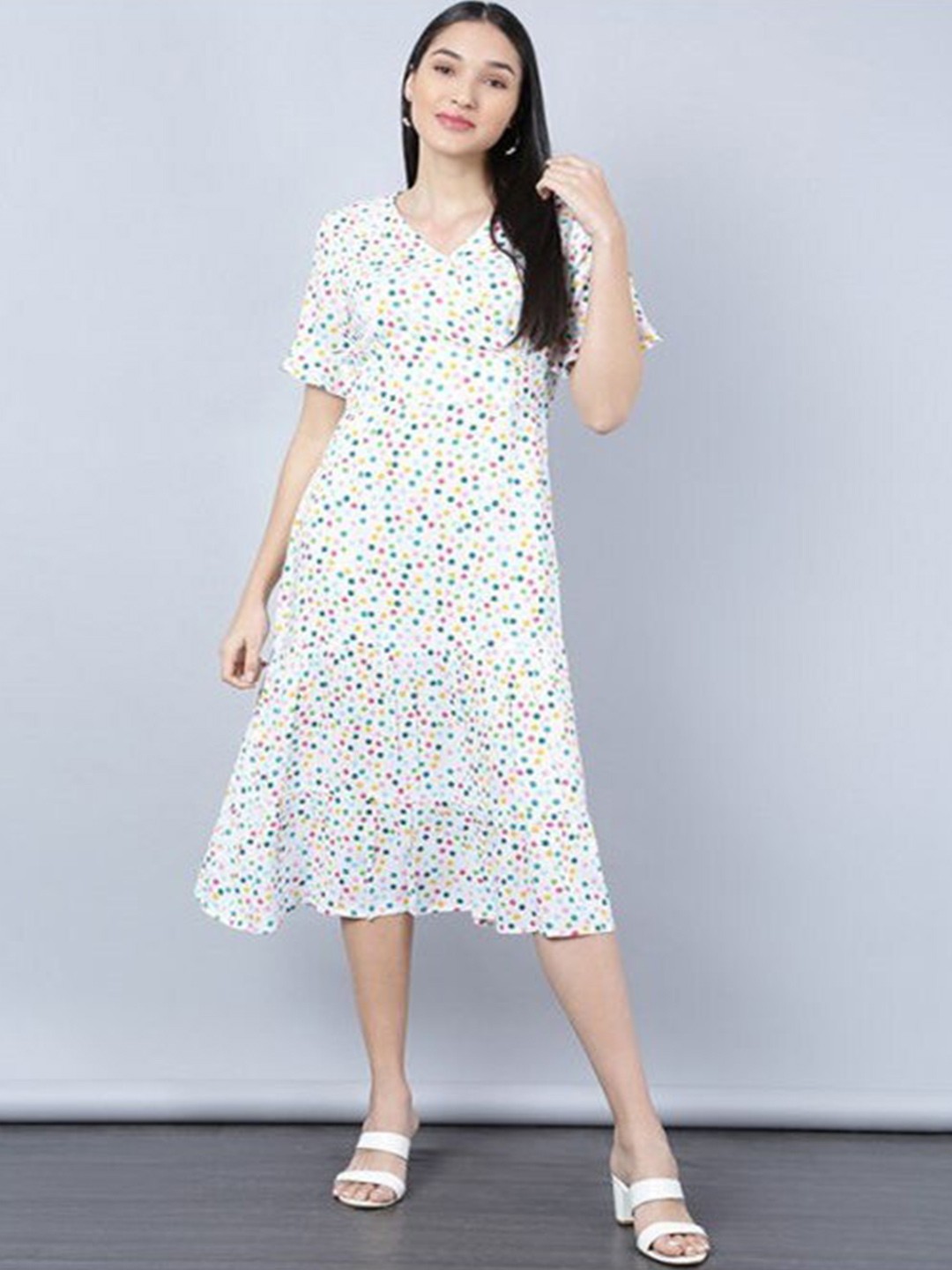 

Aila Polka Dot Printed V-Neck Fit & Flare Midi Dress, White