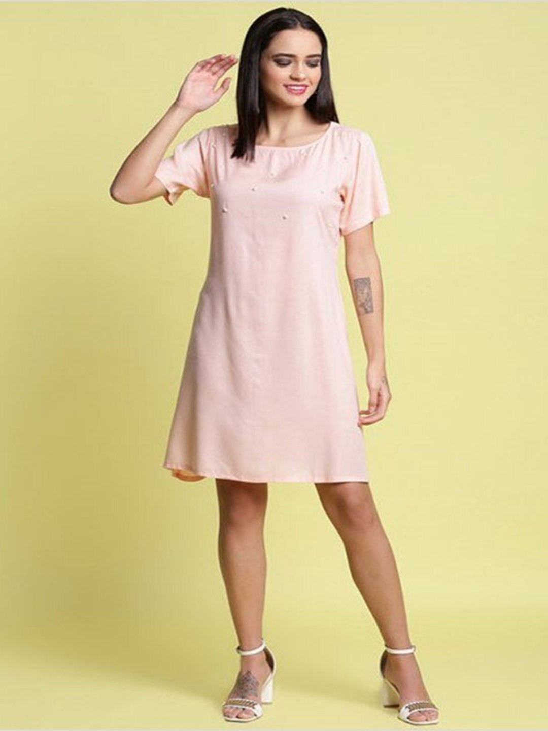 

Aila Round Neck A-Line Dress, Peach