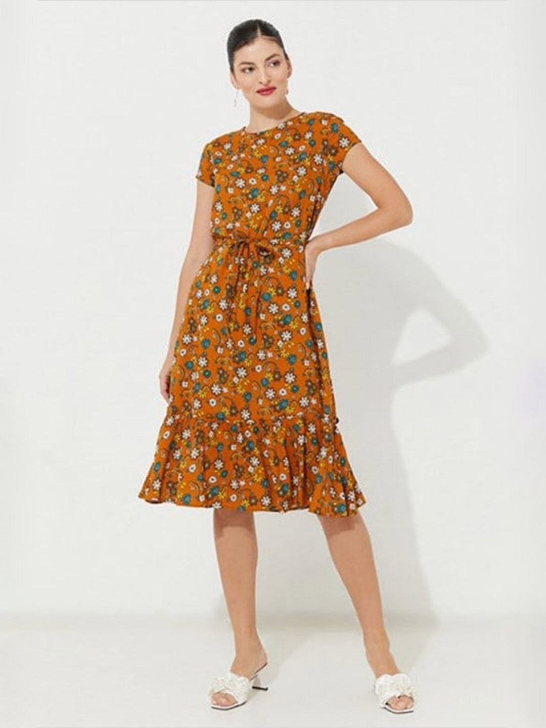 

Aila Floral Printed Tie Ups Cotton A Line Dress, Mustard