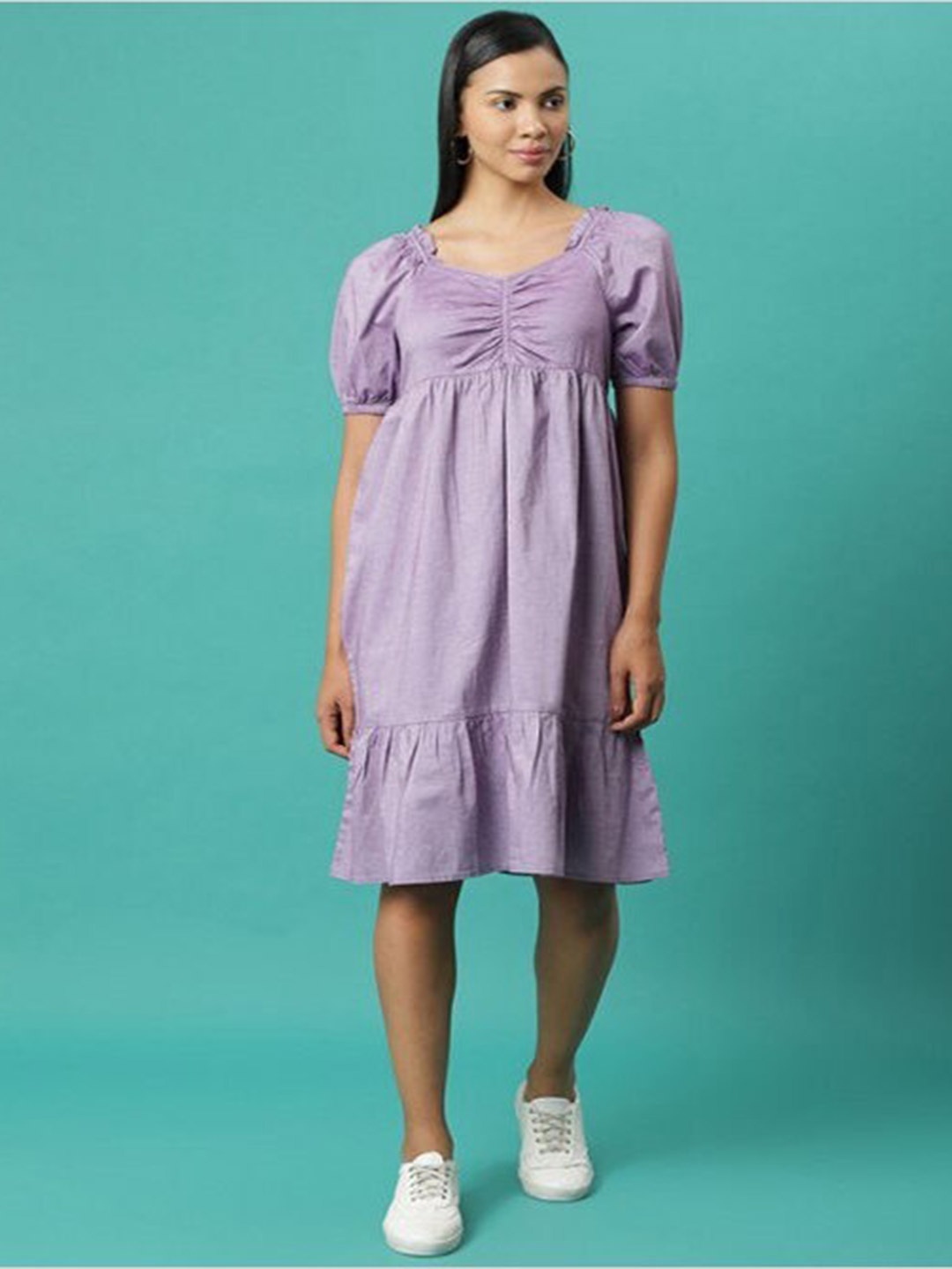 

Aila Puff Sleeve Cotton A Line Dress, Purple