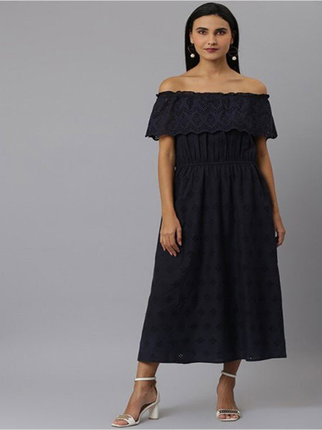 

Aila Self Design Cotton A Line Dress, Navy blue