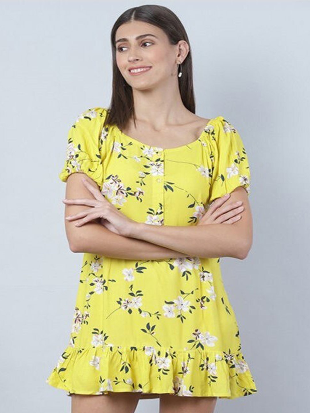 

Aila Floral Printed A Line Mini Dress, Yellow