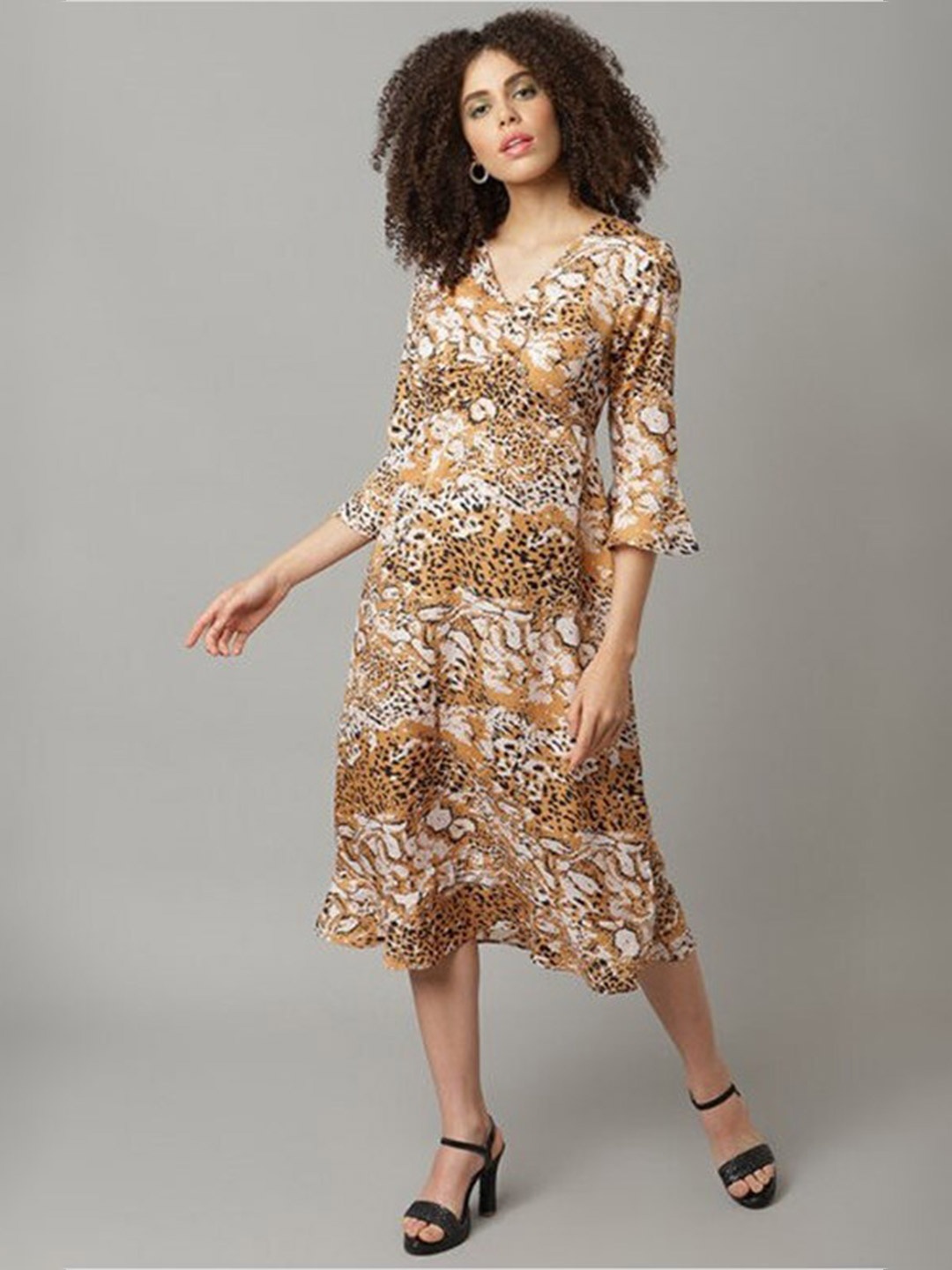 

Aila Animal Skin Printed V-Neck Bell Sleeve A-Line Dress, Brown