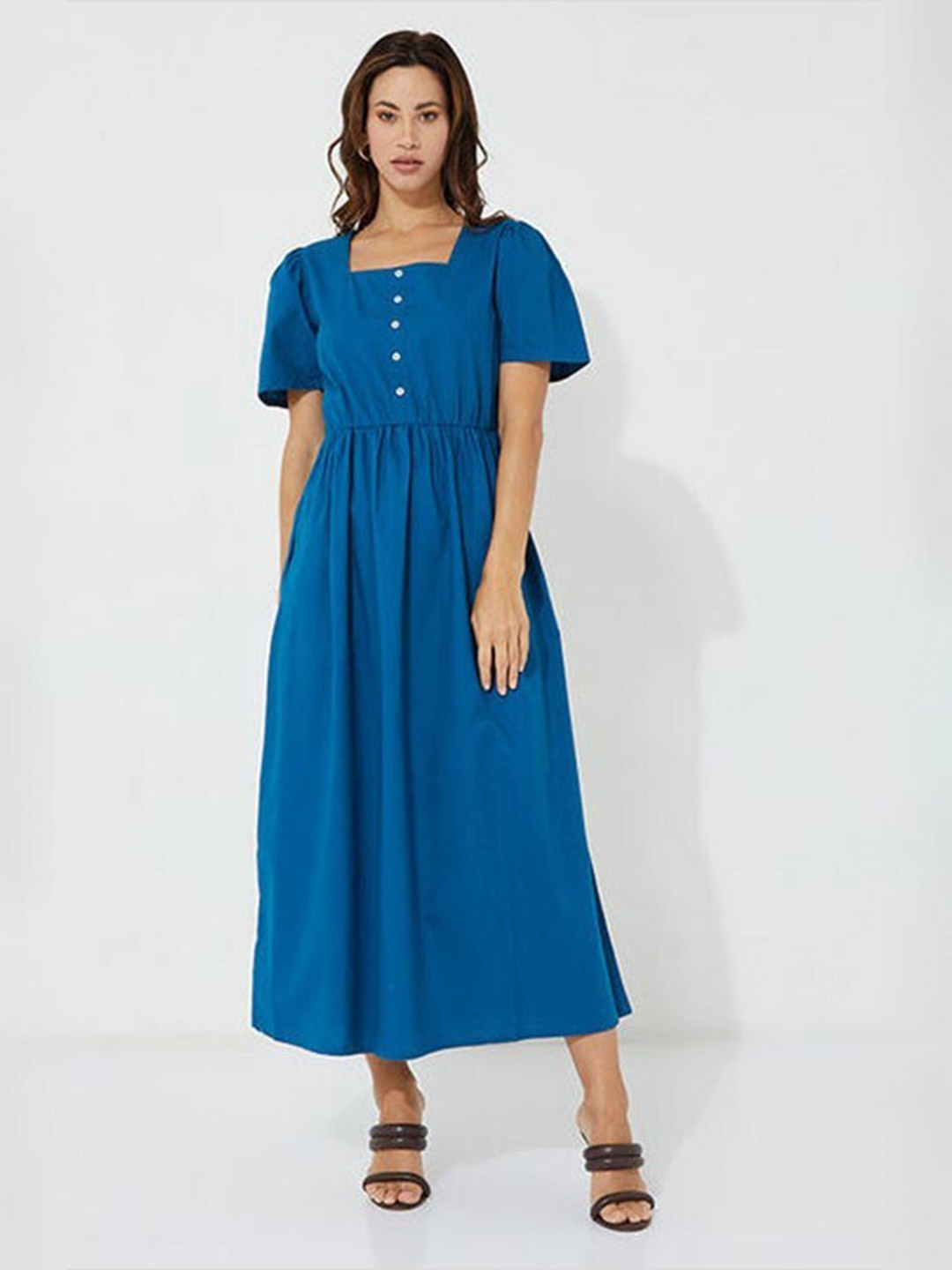 

Aila Square Neck Puff Sleeves Cotton A-Line Dress, Blue