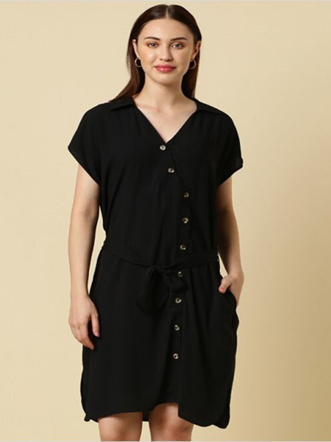 

Aila V-Neck Extended Sleeves A-Line Dress, Black