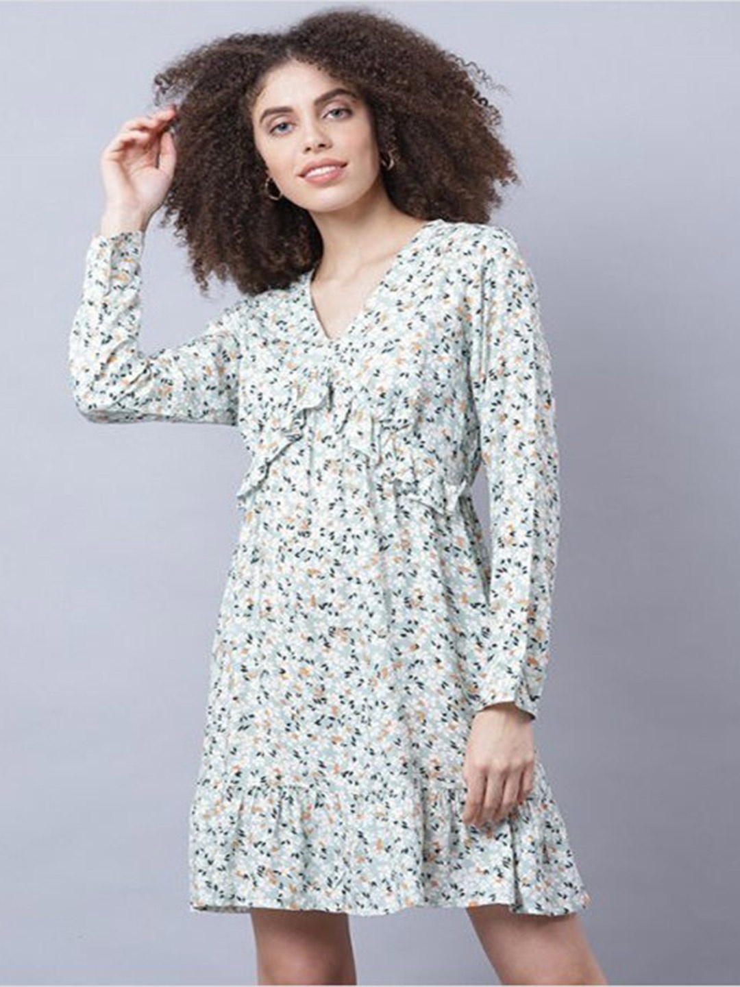 

Aila Floral Printed Ruffles A-Line Dress, White