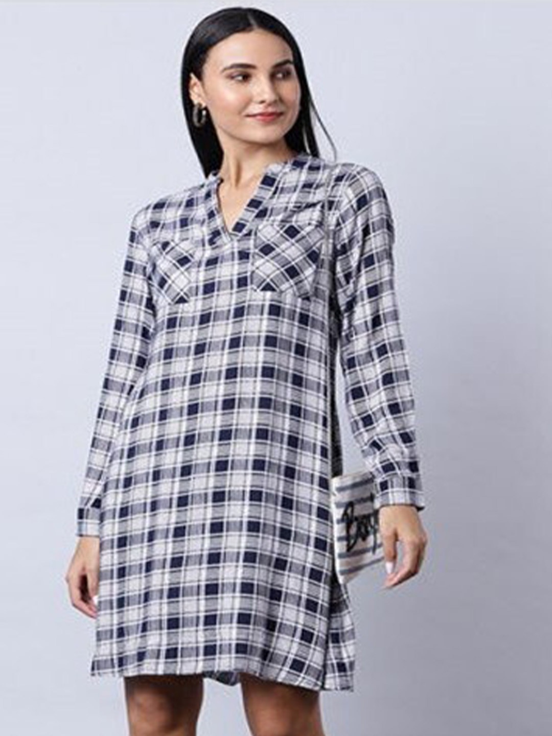 

Aila Checked Mandarin Collar A-Line Dress, Blue