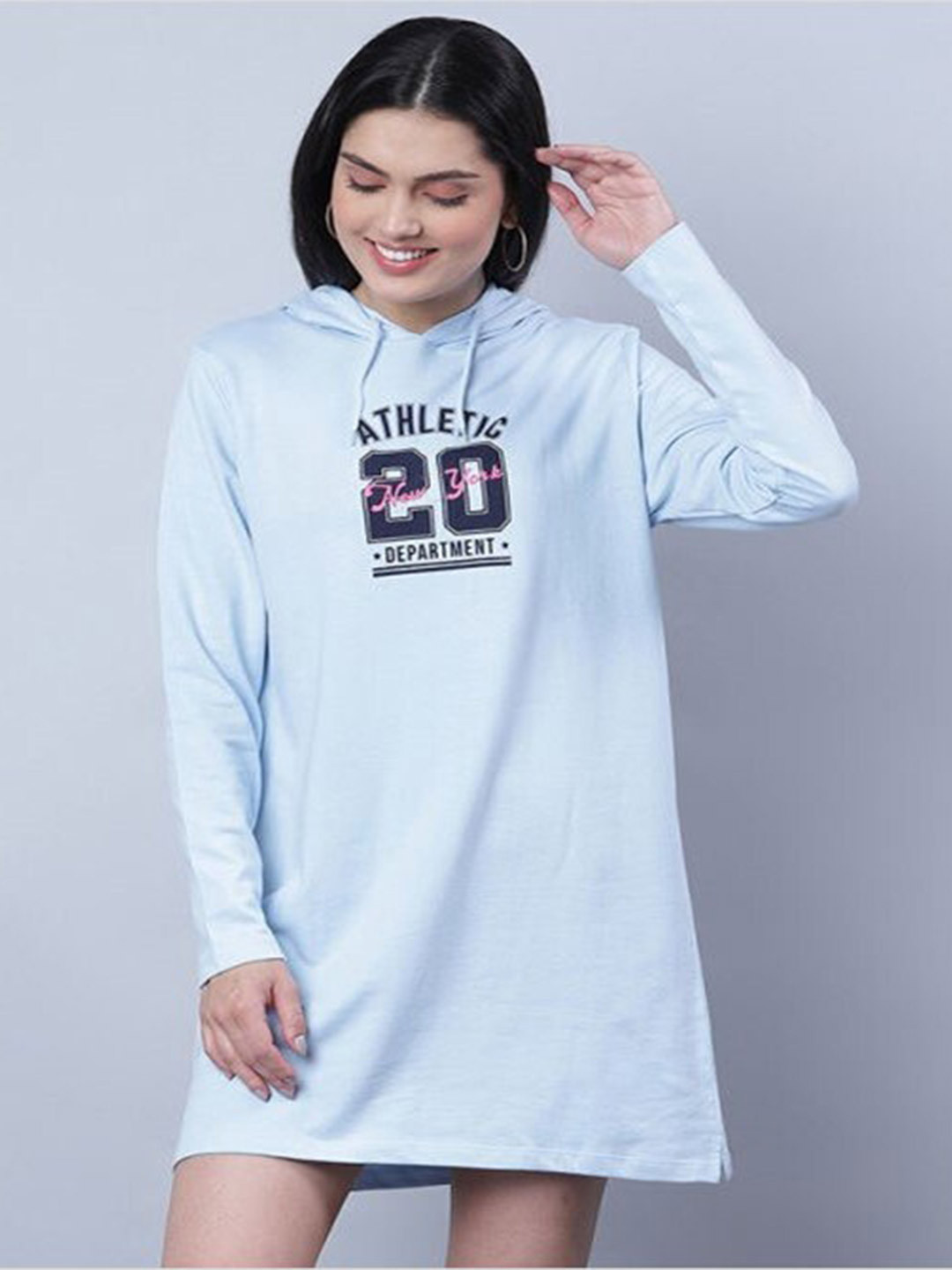 

Aila Typography Printed Hooded A-Line Above Knee Dress, Blue