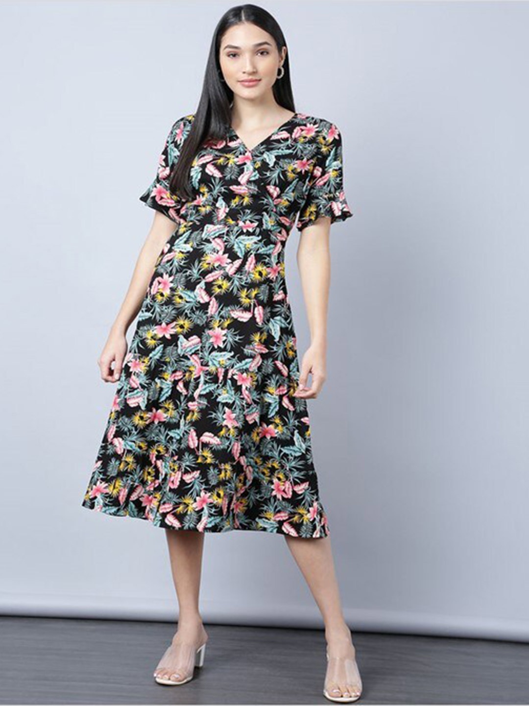 

Aila Black Floral Printed A-Line Midi Dress