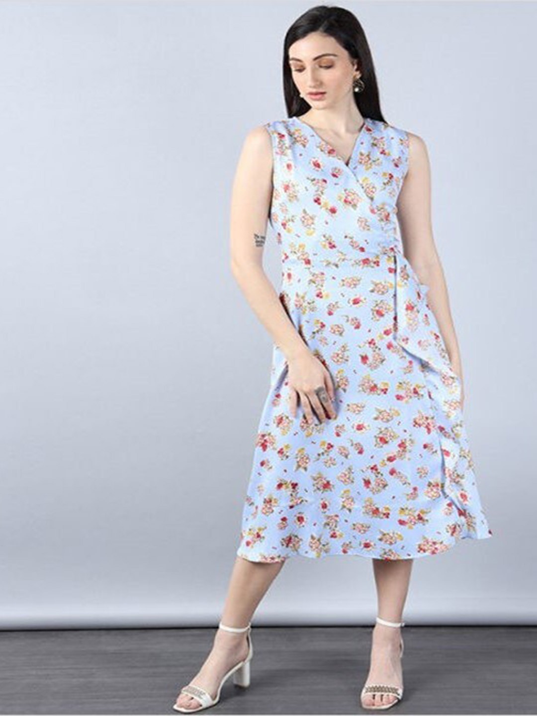 

Aila Floral Printed Cotton A-Line Midi Dress, Blue