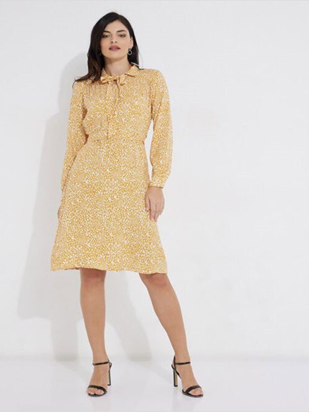 

Aila Printed Tie-Up Neck Puff Sleeve A-Line Dress, Yellow