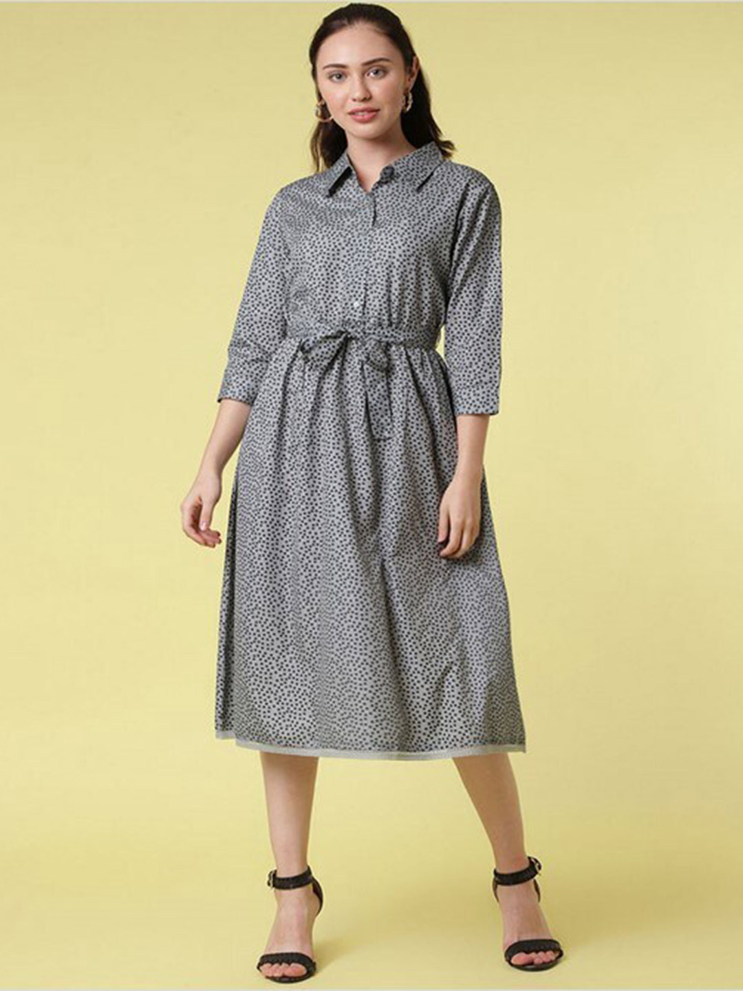 

Aila Printed Shirt Midi Dress, Grey