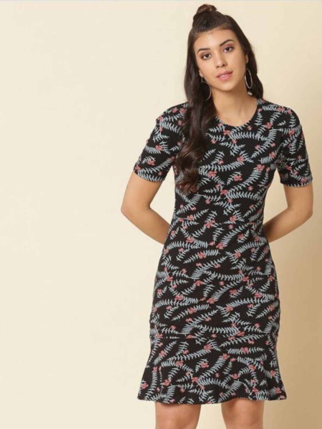 

Aila Floral Print Ruffled Sheath Dress, Black