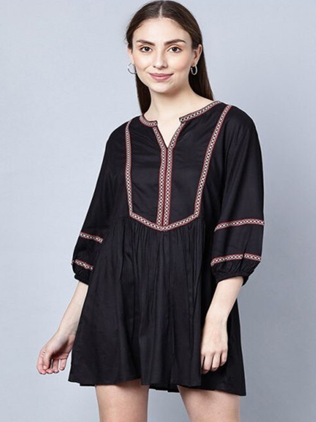 

Aila Mandarin Collar A-Line Mini Dress, Black