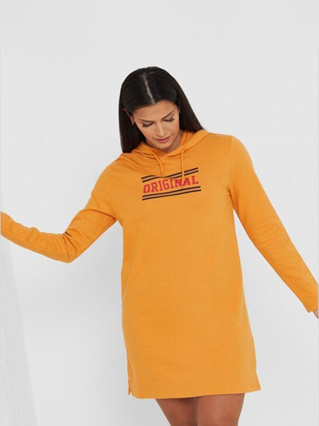 

Aila Typography Printed Hooded Cotton T-shirt Dress, Yellow