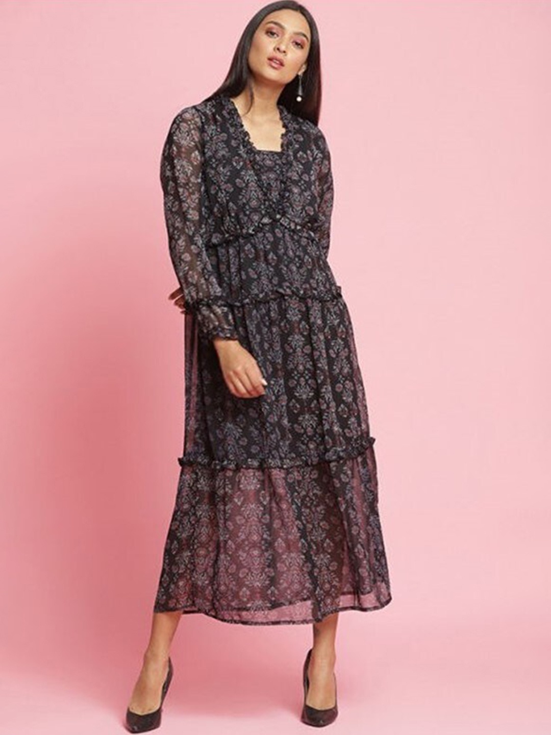 

Aila Floral Printed Fit & Flare Midi Dress, Black