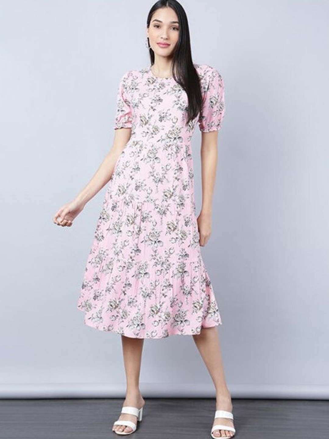 

Aila Floral Printed Puff Sleeves A-line Dress, Pink