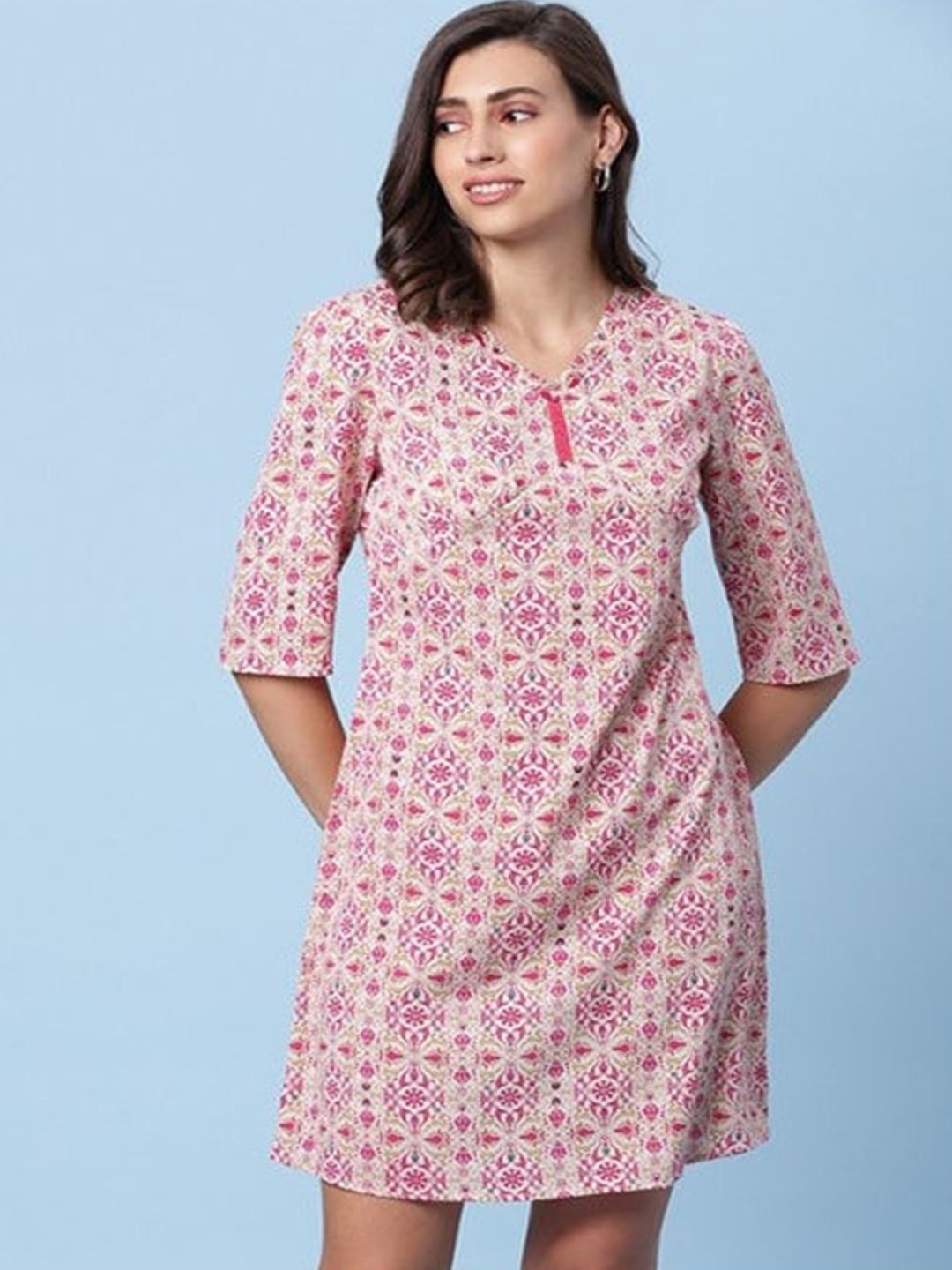 

Aila Ethnic Motif Printed A-Line Dress, White