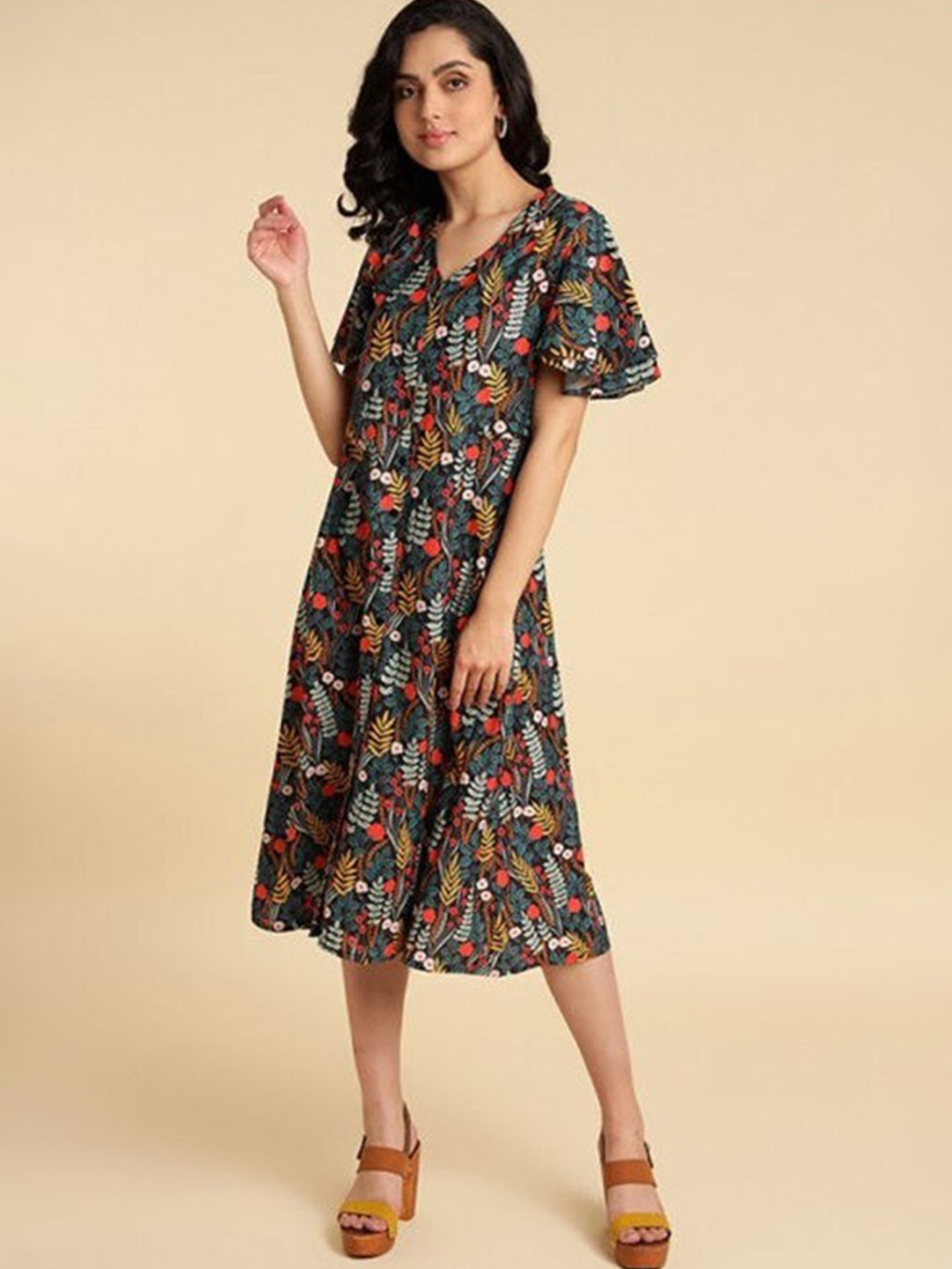 

Aila Floral Printed Flutter Sleeve A-Line Midi Dress, Black